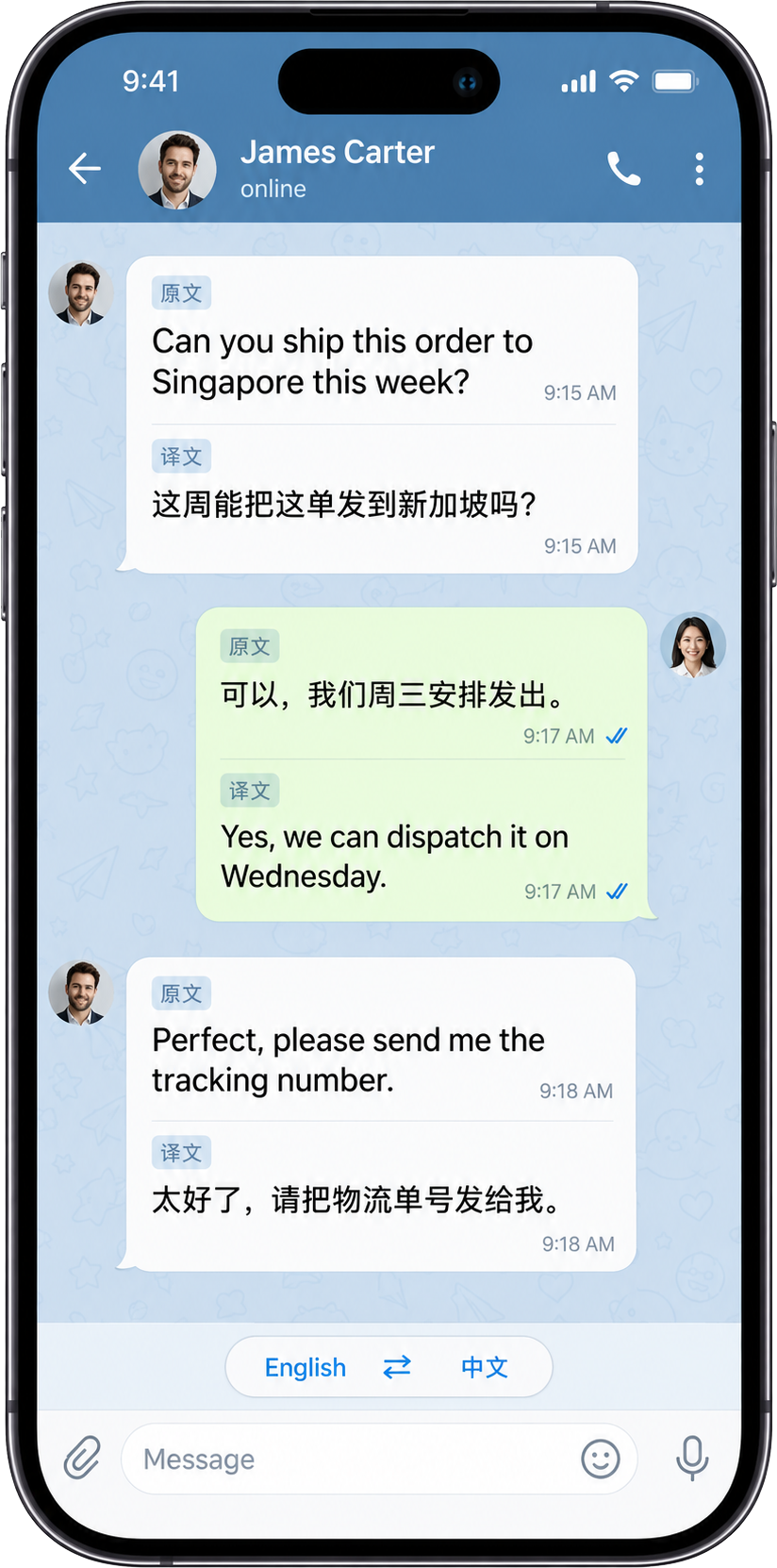 Telegram 会话中的原文和译文