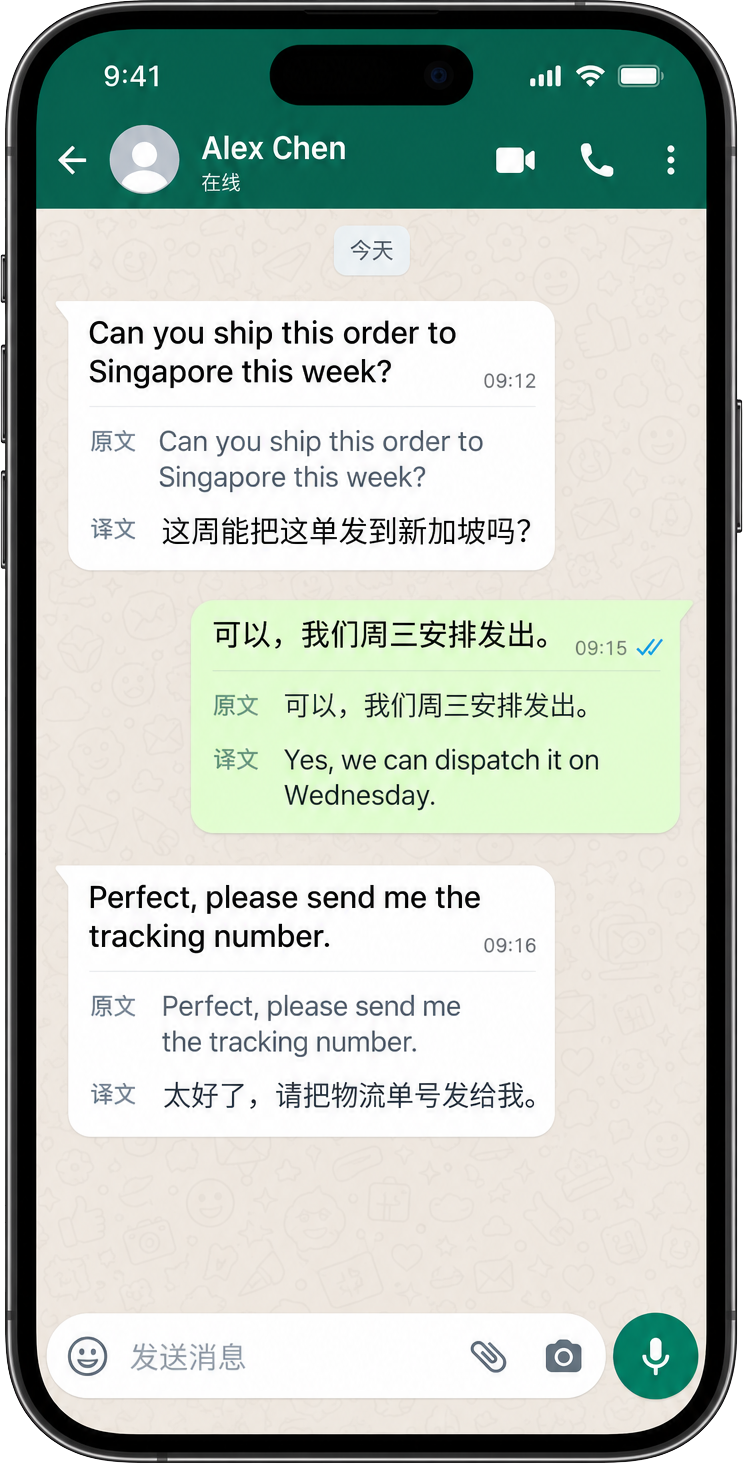WhatsApp 会话中的原文和译文